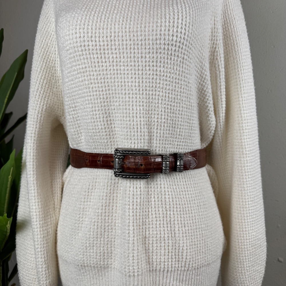 Vintage Equestrian Croc Embossed Calfskin Vicenza Sport Brown Belt Womens 28
